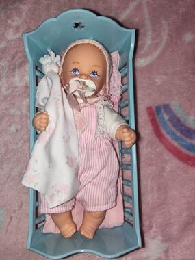 Vintage 1988 Baby Doll with Pacifier and Blanket - Pink Outfit, Blue Cradle